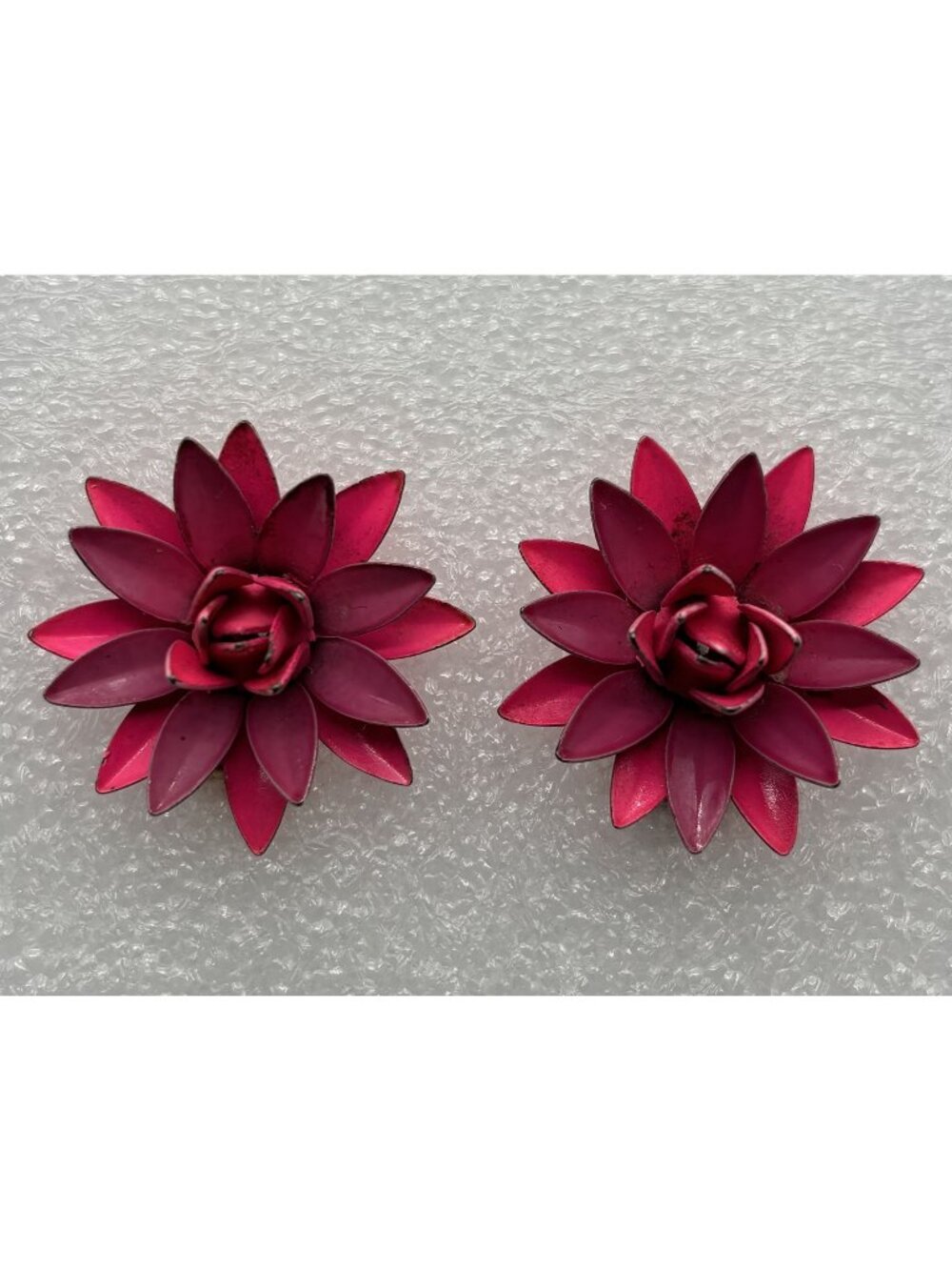 Vintage 1960s Flower Power Clip On Earrings Multi Tiered Hot Pink Fuchsia Enamel